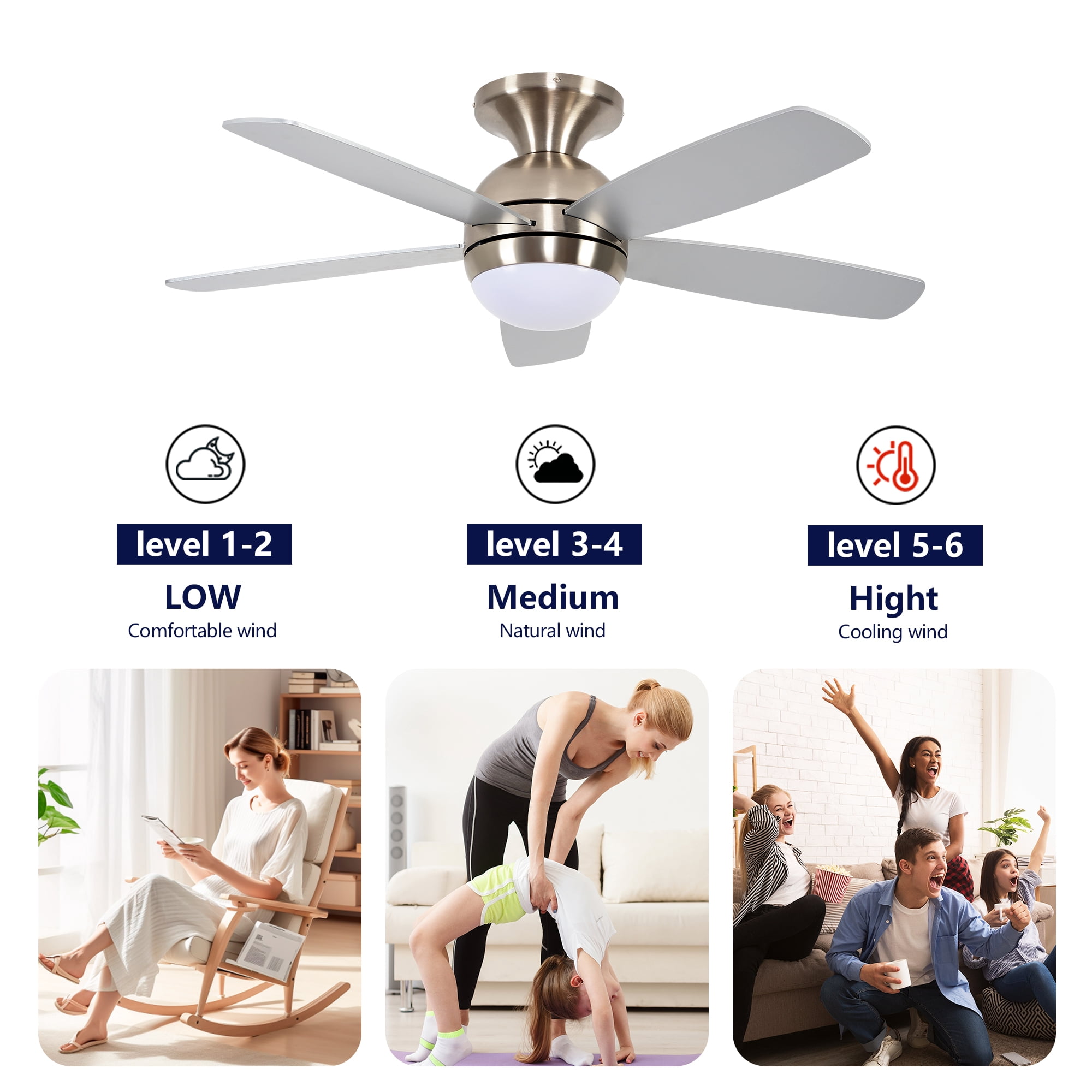 Ceiling Fan with Light, 52 Inch Reversible Blade LED Fan for Household Indoor Daily Use, Brushed Gold Silver