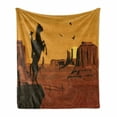 thumbnail image 1 of Western Soft Flannel Fleece Throw Blanket, Cartoon Illustration of Wild West Scene Cowboy in Sunset, Cozy Plush for Indoor and Outdoor Use, 50" x 60", Burnt Orange Dark Brown, by Ambesonne, 1 of 6