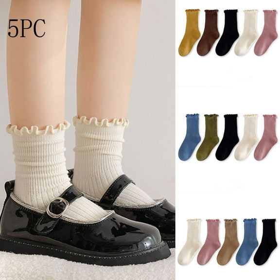 Lovzfmll Girls Socks 5-Pair Pack Ruffle Stacked Slouch Socks Mid-Calf Crew Socks Cotton Soft Socks for Toddler Kids 3-12 Years Winter