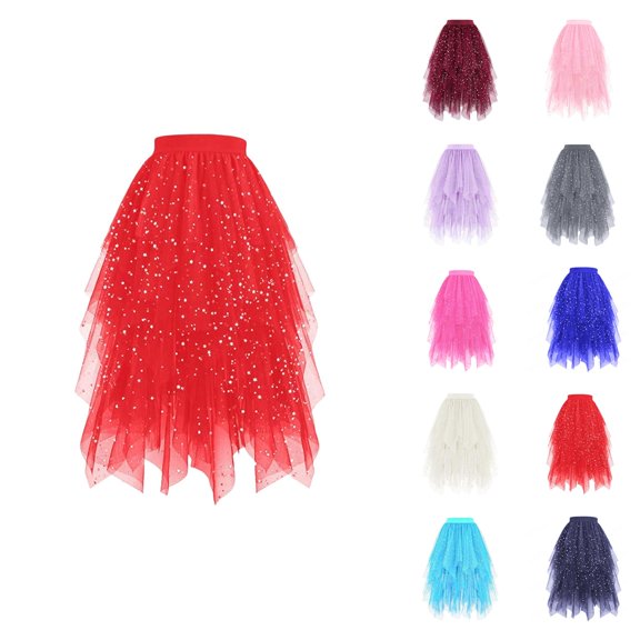 Tulle Skirts for Women Glitter Sequin Elastic Waist Layered Mesh Flowy Asymmetrical Puffy Skirt Fairy Skirt Midi Tutu Skirts