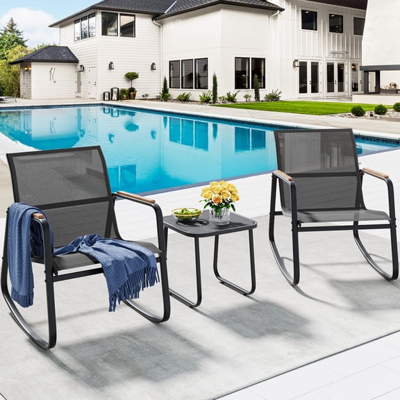 Uforic 3 Piece Patio Rocking Bistro Set, Textilene Outdoor Rocking Chairs with Wooden Armrest, Tempered Glass Side Table, Furniture Set for Garden Balcony Poolside