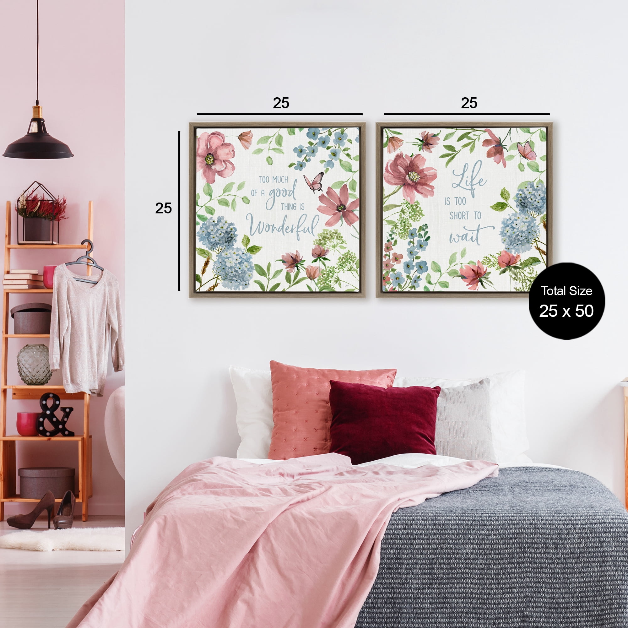 Stupell Industries Uplifting Floral Quotes 2 Piece Brown Framed Floater Canvas Set, design by Nan