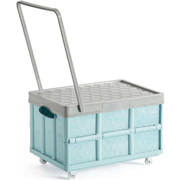 Foldable Storage Bins with Lids Plastic Collapsible Storage Box Portable Stackable Grocery Books Container Folding Latching Storage Crate with Removable Pulley and Pull Rod (Pink M)