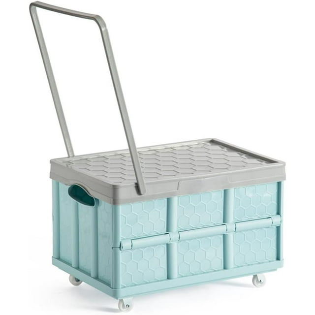 Foldable Storage Bins with Lids Plastic Collapsible Storage Box Portable Stackable Grocery Books Container Folding Latching Storage Crate with Removable Pulley and Pull Rod (Pink M)