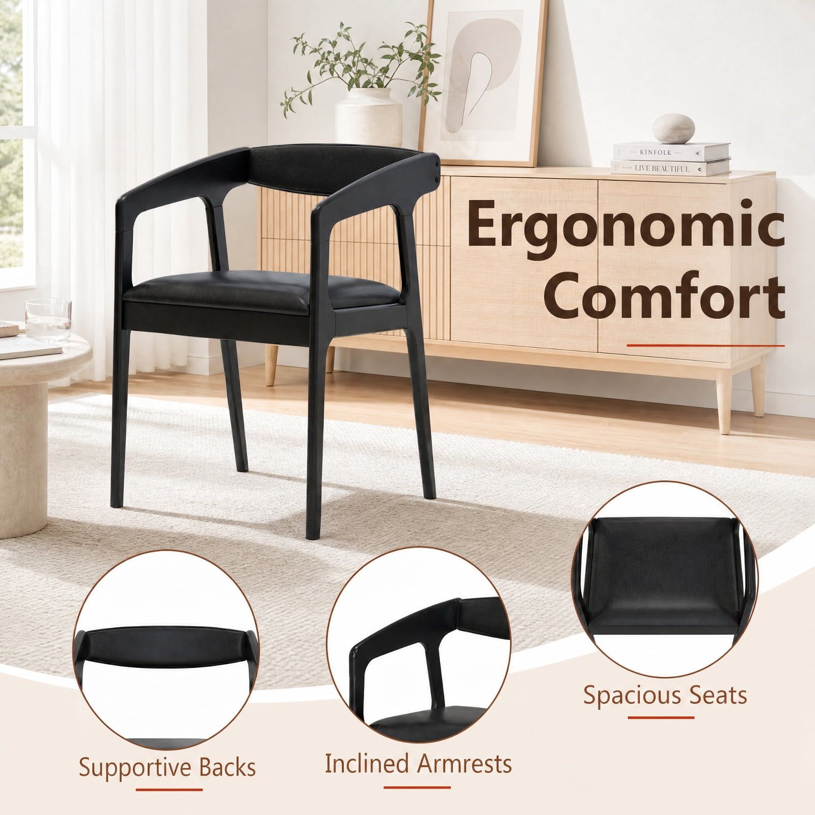 Furnibear Upholstered Armchairs Set of 2 with Cozy Backrest and Padded Seat Cushion for Kitchen Dining Room Living Room Home, Black