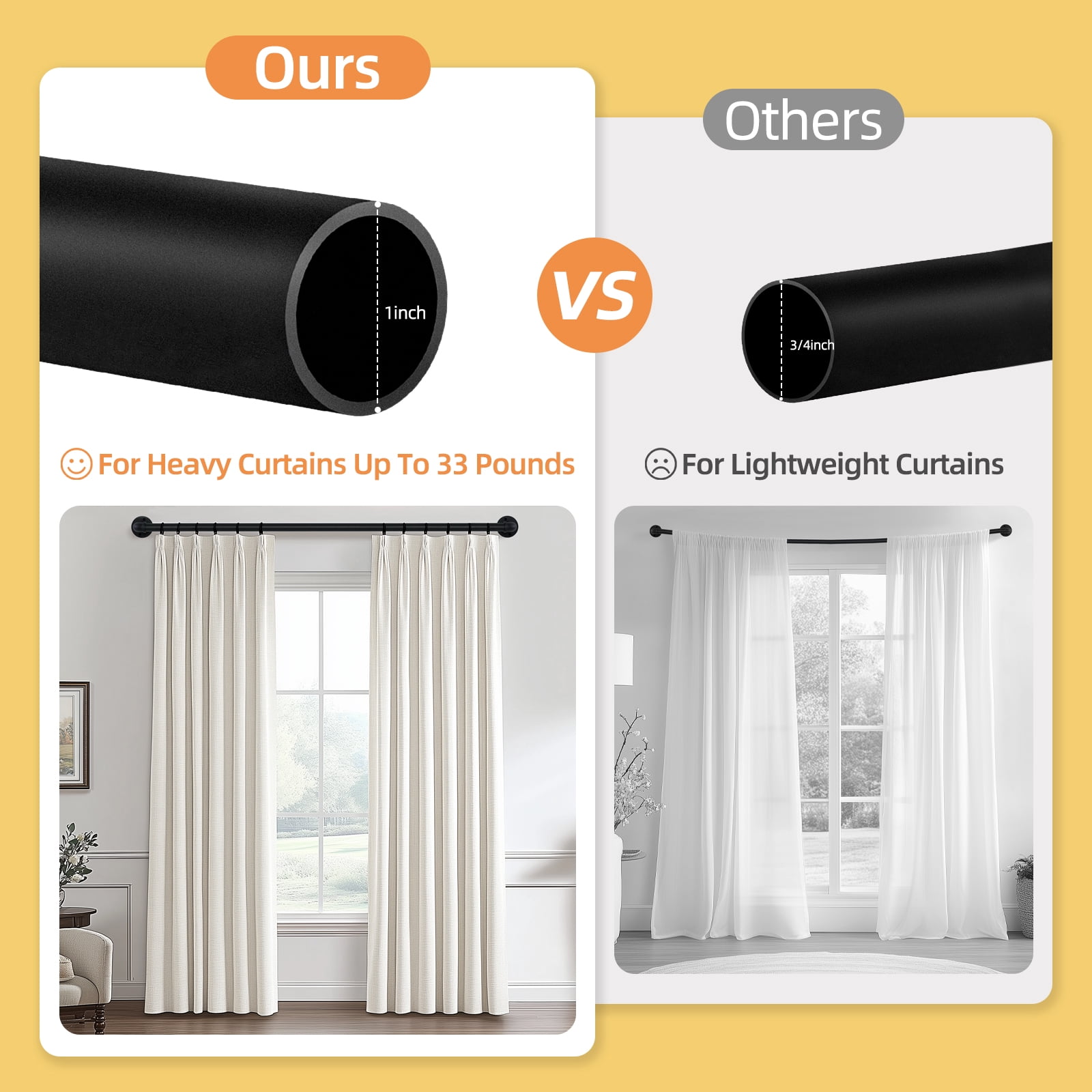 Black Industrial Curtain Rod,1" Diameter Durable Adjustable Curtain Rods for Blackout,Heavy Duty and Outdoor Curtains,48"-86"
