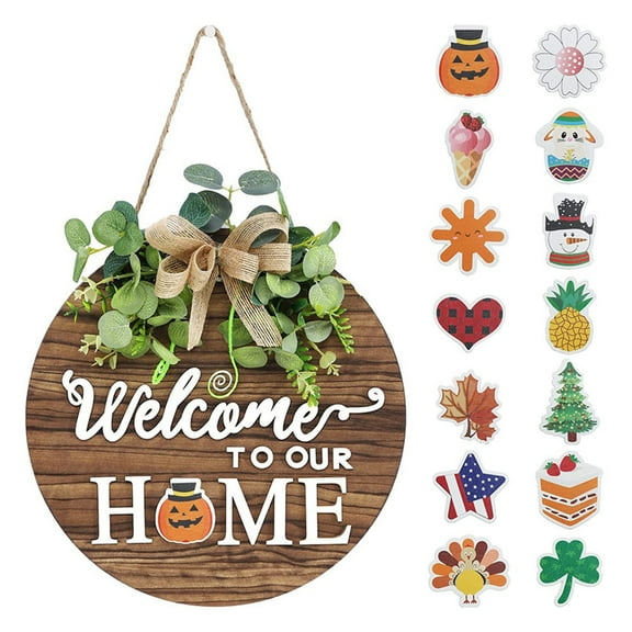 LYCAQL Interchangeable Seasonal Welcome Sign Front Door Decoration Rustic Round Wood Wreaths Wall Hanging Outdoor, Farmhouse, Porch, for Spring Summer Fall All Seasons Holiday Christmas
