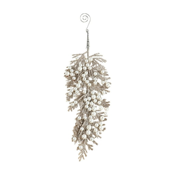 geerera Christmas Garland, Sparkling Glitter Leaves with Artificial Pearls, Pine Branch Design for Tree, Mantle, Holiday Decor