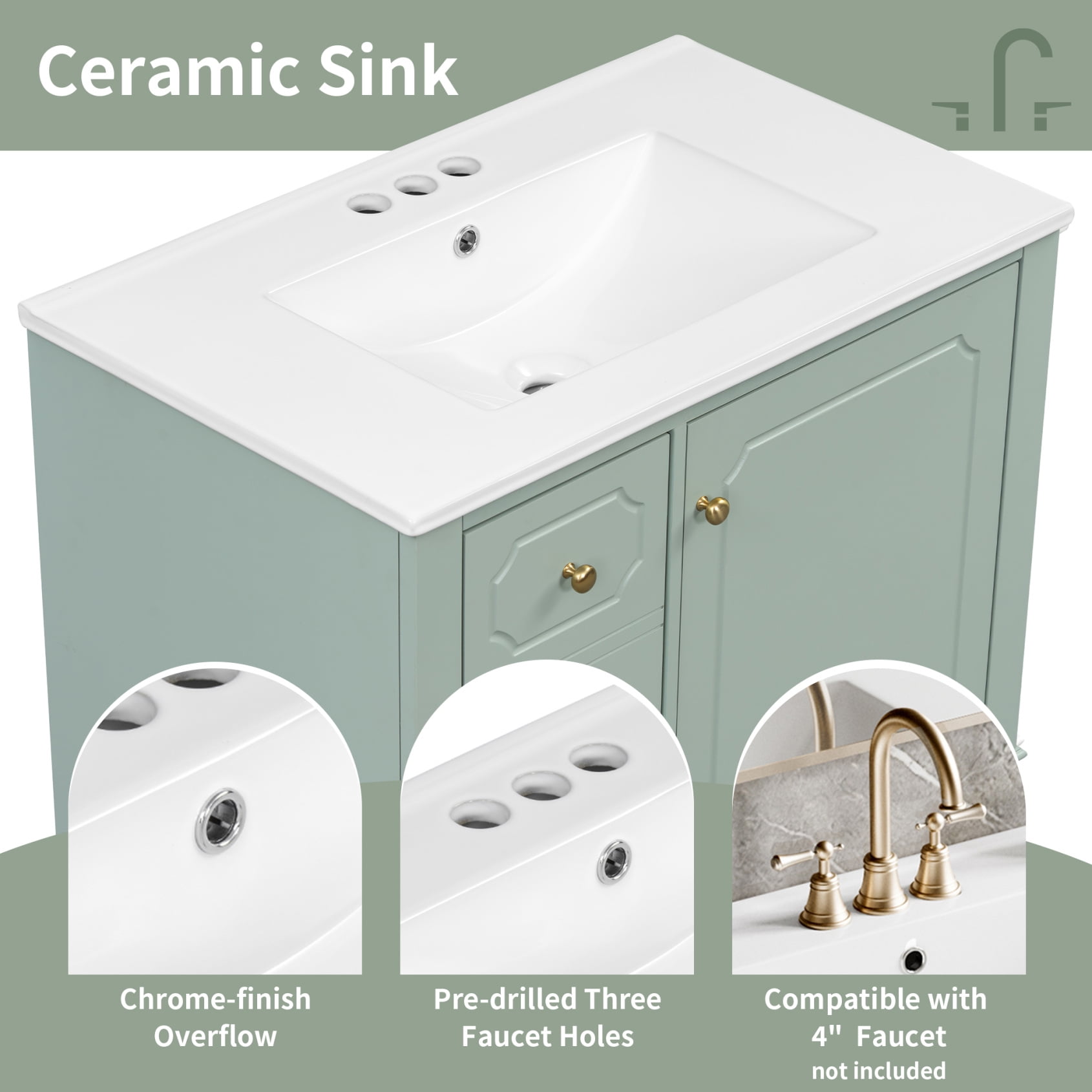 30" Bathroom Vanity with Ceramic Sink ,Soft-Close Door and 3 Drawers, Freestanding Vanity Cabinet with Storage Shelves,Solid Wood Frame Vanity for Bathroom, Light Green