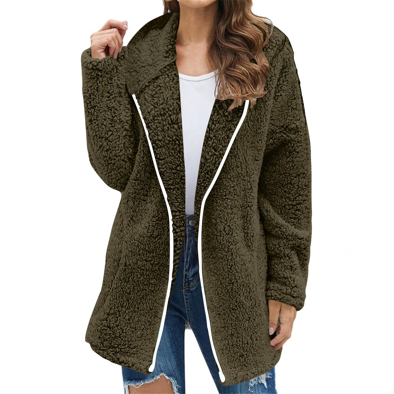 Patlollav Women's Coats plus size Daily Fleece Warm Long Sleeve Zipper Long Sleeve Knee Length Hoodies Tops
