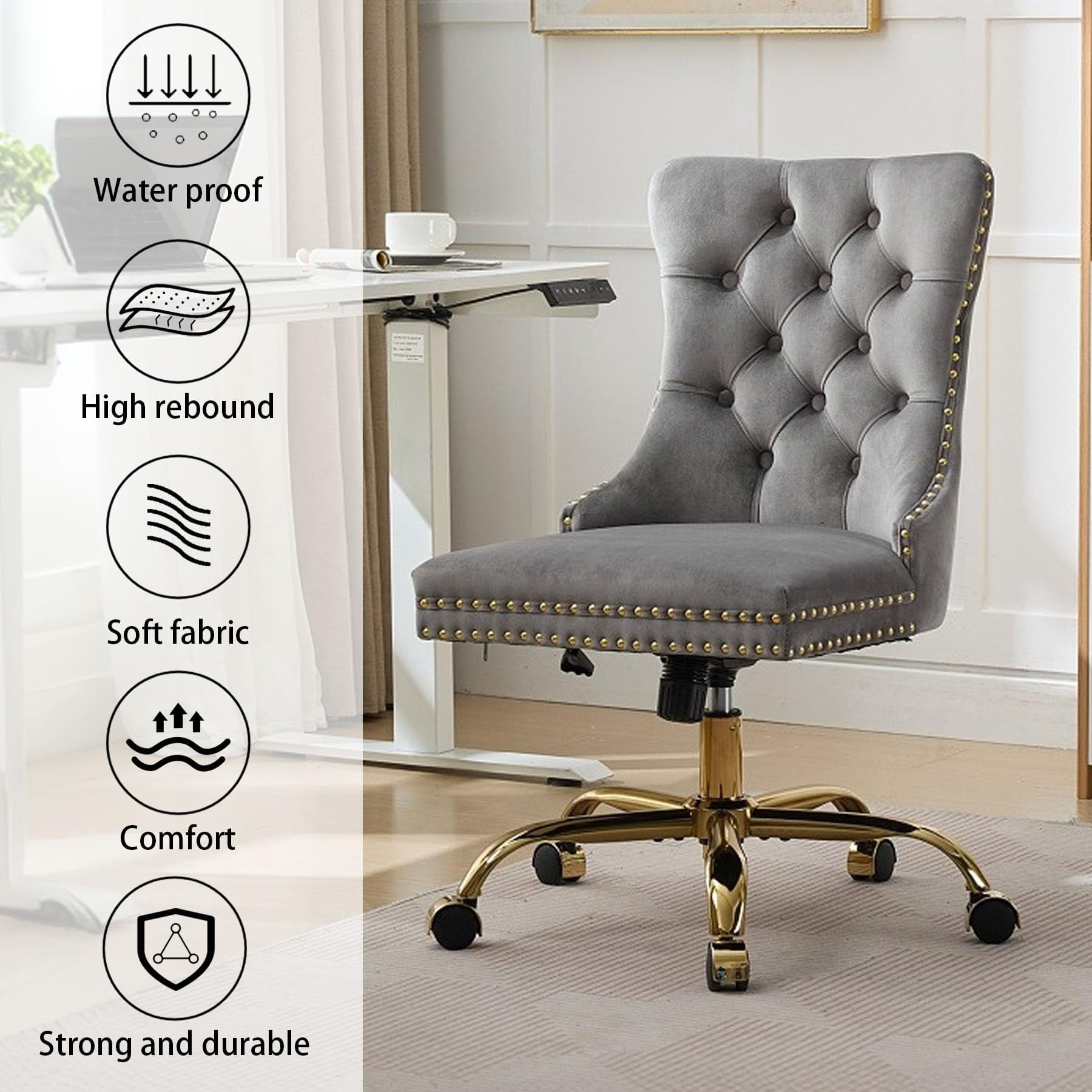 Pawverly Velvet Upholstered Office Chair, Tufted Button Swivel Desk Chair with Adjustable Height, Gold Metal Base & Wheels, Modern Vanity Chair, Gray