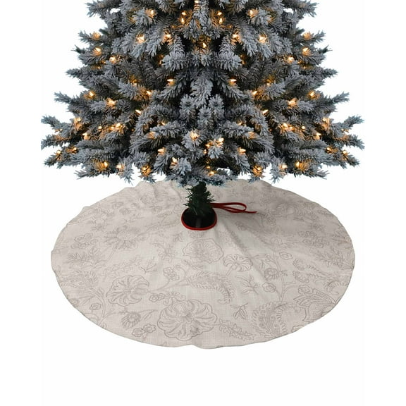 Vintage Beige Floral Christmas Tree Skirt 36 Inches Large Christmas Skirt Tree, Farmhouse Botanical Ethnic Tree Skirt Christmas Decorations for Fireplace Party Holidays Indoor Outdoor