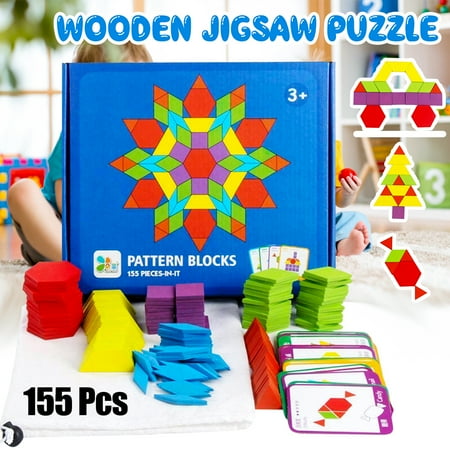 155Pcs Kids Wooden Pattern Blocks Set,Wood Geometry Shape Jigsaw Puzzle Game with 24 Design Cards , Montessori Toys for Kids Early Educational Brain Creativity Train, Kids Gift