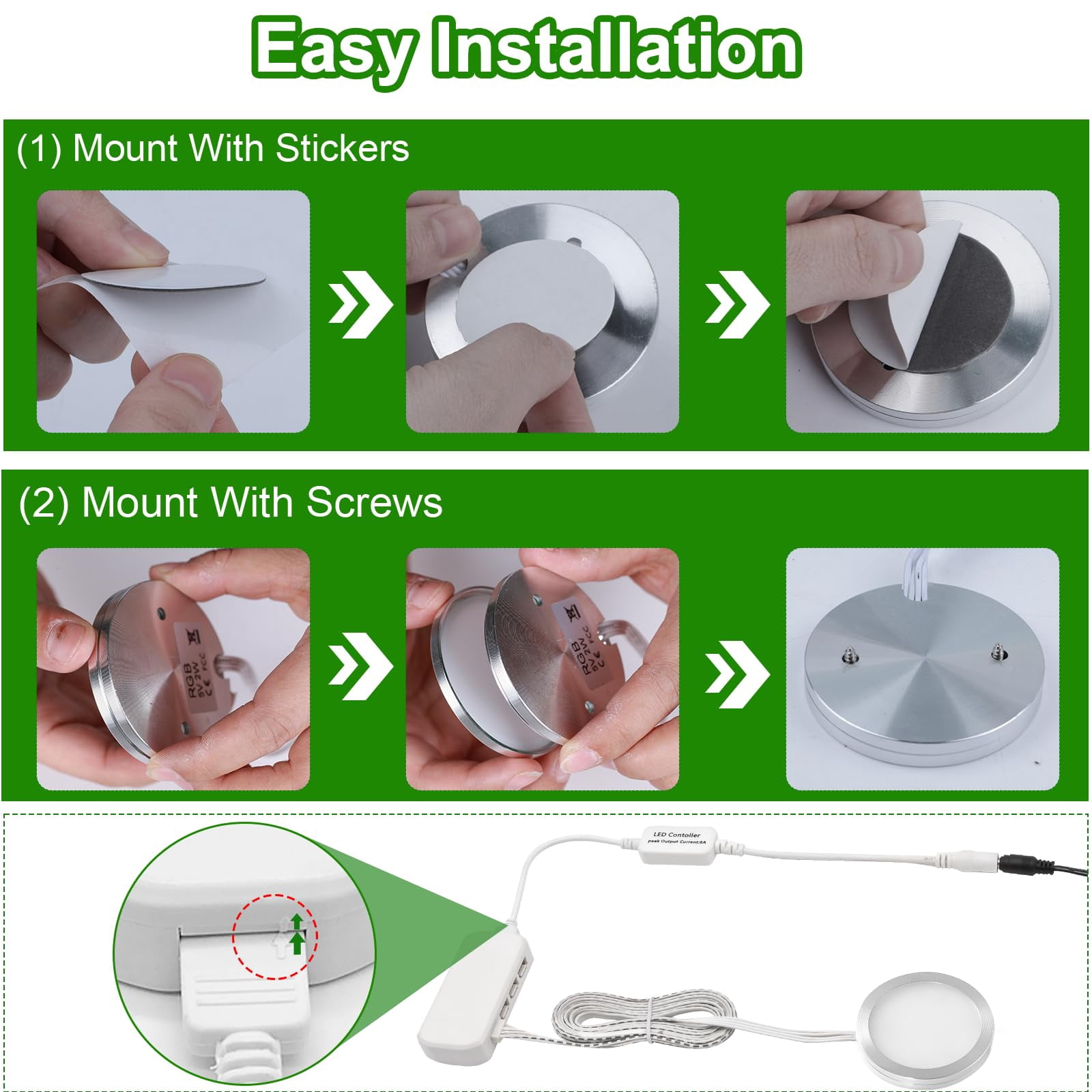 Dimmable RGB Puck Lights with Remote Control - 8-Pack Under Cabinet & Display Case Lighting with 20 Color Changing Options for Kitchen
