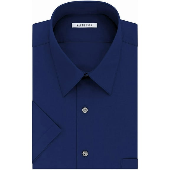 Van Heusen Mens Short Sleeve Dress Shirt Regular Fit Poplin Solid 18.5 Neck Persian Blue