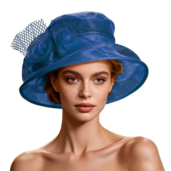 CheerKidz Women's Solid Color Wide Brim Organza Dress Hat with Floral Embroidery and Mesh Detail, Elegant for Formal Events (Blue,Free Size).