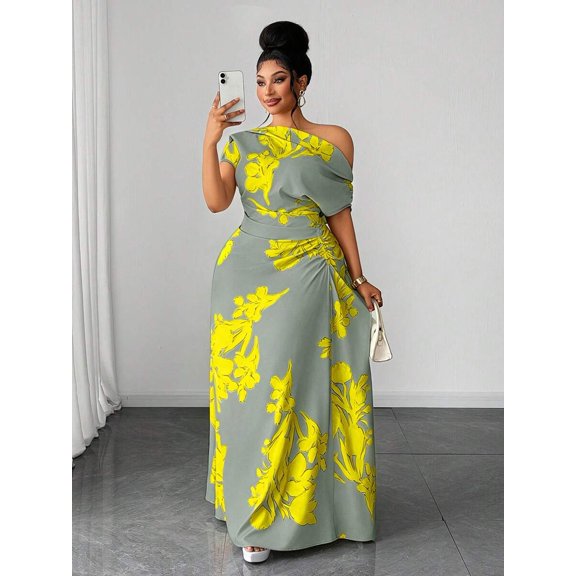 Multicolor Plus Size Green Floral Print One Shoulder Cinched Waist Ruched