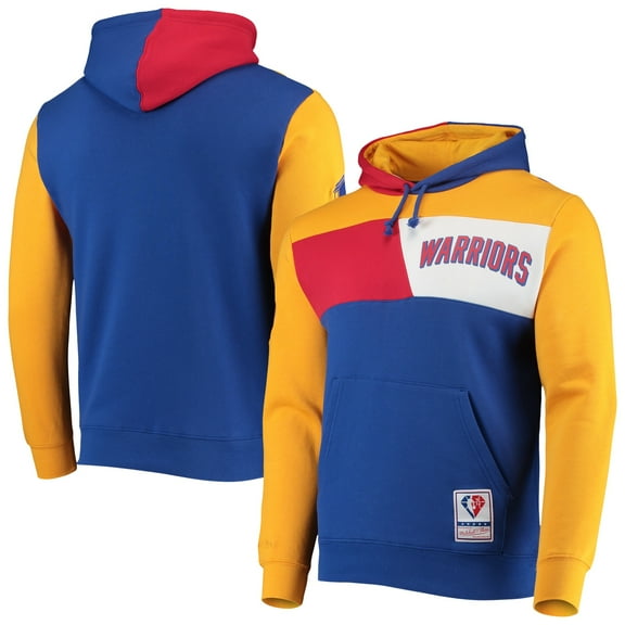 Men's Mitchell & Ness Royal San Francisco Warriors Hardwood Classics 75th Anniversary Colorblock Pullover Hoodie