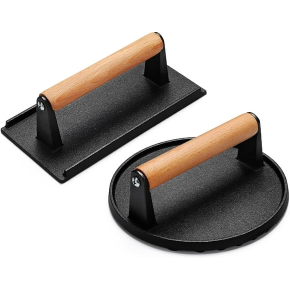 WJCA Heavy Duty Cast Iron Burger & Bacon Press Set – 6.9" Round Smash Burger Press + 8.2x4.2" Rectangular Grill Press with Wood Handle, Ideal for Blackstone Griddle, Meat, Steak, Sandwich, Paninis