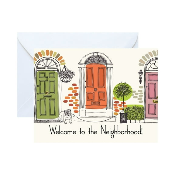 Welcome to the Neighborhood Greeting Card – Charming Illustrated Design with Colorful Doors – Blank Inside, Envelope Included – Perfect for New Neighbors and Housewarming Gifts