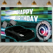 Car Racing Happy Birthday Backdrop, Black Racing Party Photo Background for Boys, Cars Party Decorations Car Banner Black Race Car Birthday Party Supplies Party Decor