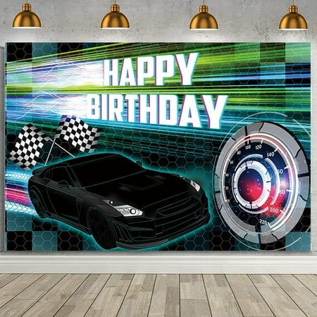 Car Racing Happy Birthday Backdrop, Black Racing Party Photo Background for Boys, Cars Party Decorations Car Banner Black Race Car Birthday Party Supplies Party Decor