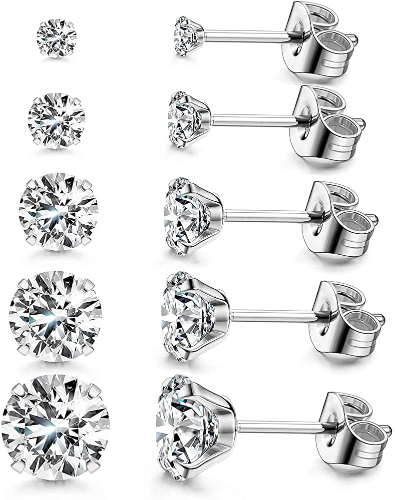 Womens 18K Gold Plated CZ Stud Earrings Simulated Diamond Round Cubic Zirconia Ear Stud Set（5 Pairs