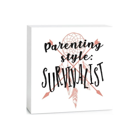 Parenting Survivalist Coral Arrow Feather 5 x 5 Wood Tabletop Sign Plaque
