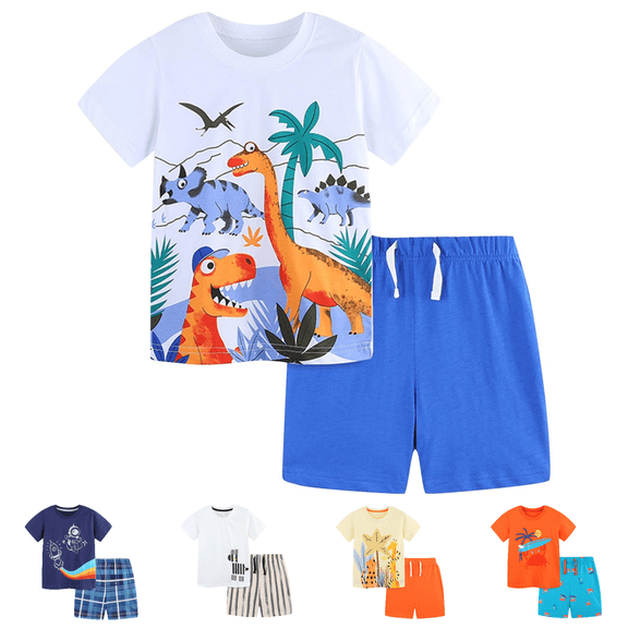 Lovzfmll 2-Piece Dino Print Short Set, Short Sleeve Round Neck Top & Elastic Shorts for Boys & Girls, Casual Outfits for Toddler 2-3 Years
