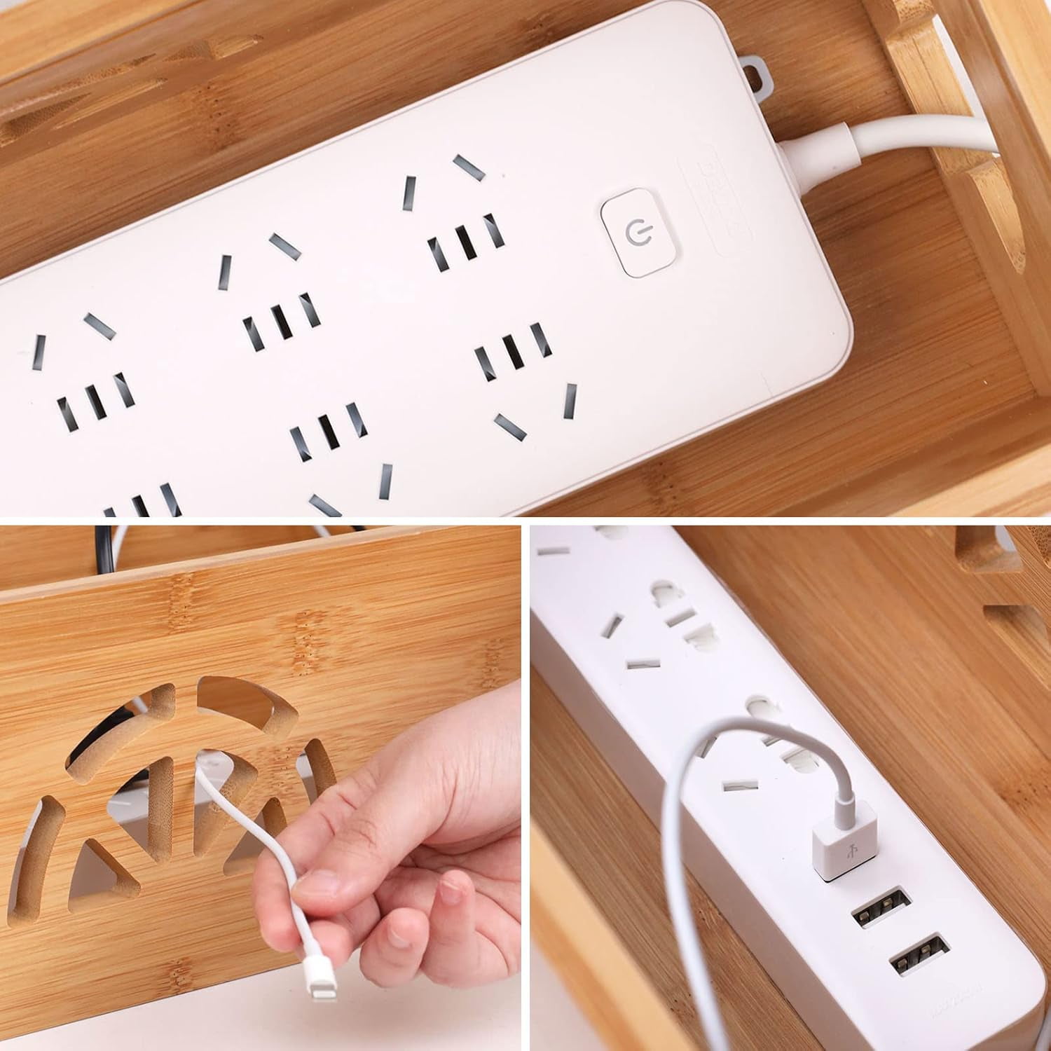 Extra Large Cable Management Box with Lid, Bamboo Cable Box for Cords, Power Strips or Surge Protectors, Hide Loose Wires Behind TVs, Home, Computers, Office Desks by