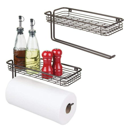 mDesign Paper Towel Holder with Spice Rack and Multi-Purpose Shelf - Wall Mount Storage Organizer for Kitchen, Pantry, Laundry, Garage - Durable Metal Wire Design - 2 Pack -