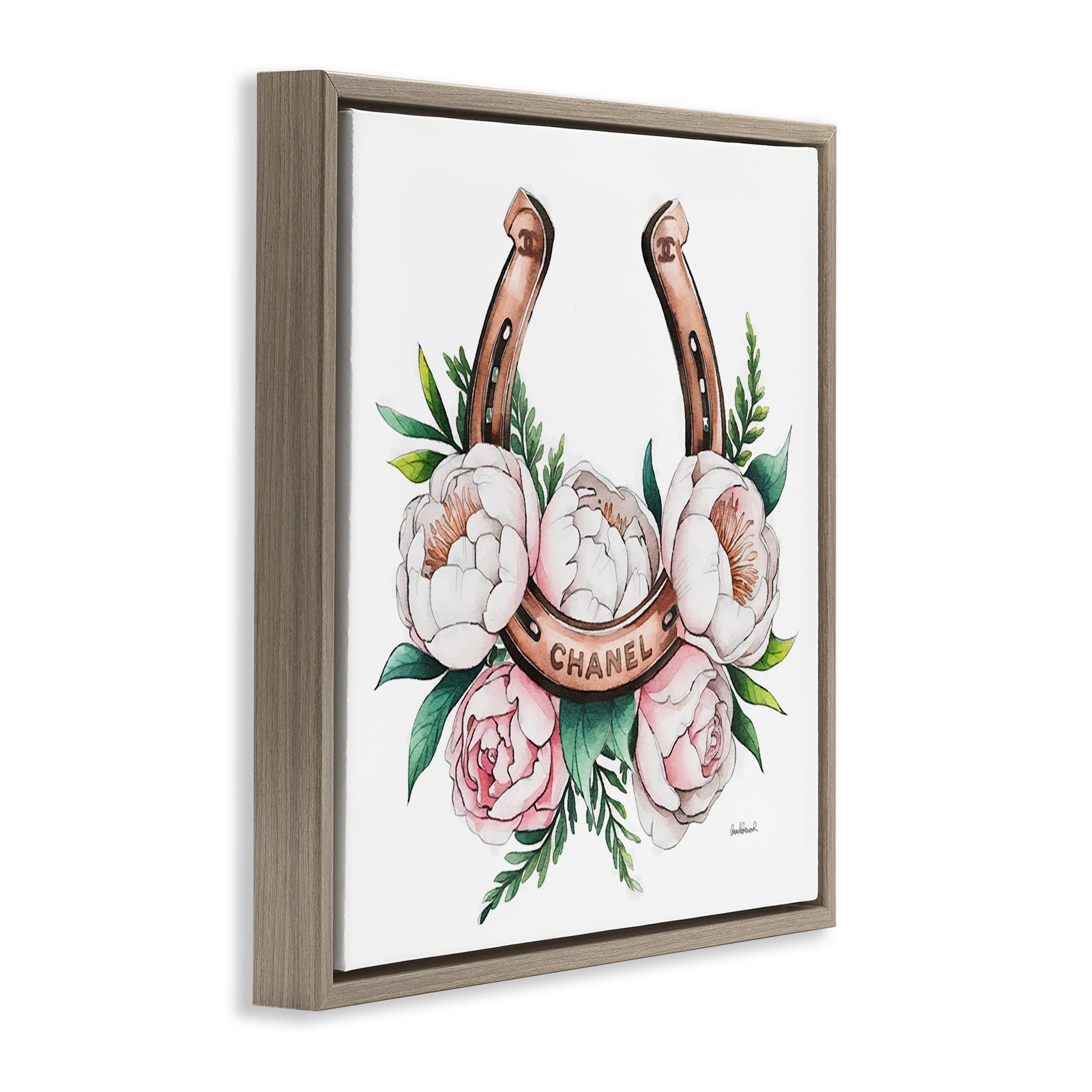 Stupell Industries Glam Peonies & Horseshoe Plants & Flowers Painting Brown Floater Framed Canvas Art Print Wall Art, 18 x 18