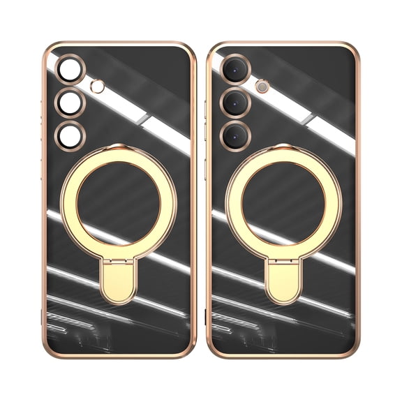 For Samsung Galaxy S25 FE Phone Case,With Contractile Ring Kickstand,Built-in Camera Lens Protector,Compatible with Mag-Safe,Soft TPU Shockproof Anti-fall Drop Protection,Luxury Phone Case,Black
