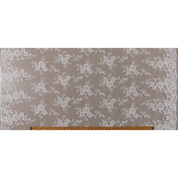 Alencon Reembroidered Bridal Lace Sequined Off-White Diamond White 52" Wide Double Scalloped Edge Lace by the Yard (A102.02)