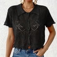 thumbnail image 2 of jtjvou Women's Cropped Blouses Heart Graphic Hollow Out Crop Tops Blouse Short Sleeve Button Down Lapel Shirts Cardigan Black L, 2 of 6