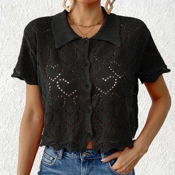 Elvqul Womens Collared Tops Black Short Sleeve Blouses Button Down Dressy Casual Spring Summer Solid Shirts for Women Lace