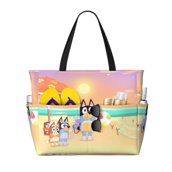 Kowoue Bluey Pattern Large Capacity Beach Travel Bag – Waterproof Tote with Multiple Pockets,Nylon Handles, Ideal for Beach, Travel, Pool, and Gym