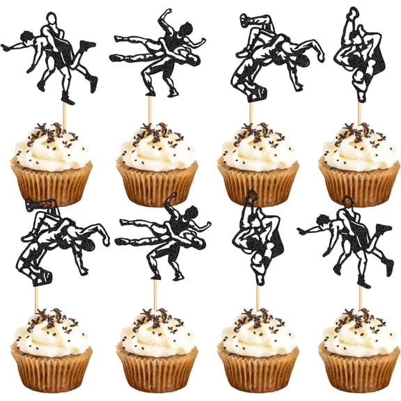 Wrestling Cupcake Toppers, Black Glitter Wrestler Silhouette, Sports Theme Birthday Party Decorations, 12 Pcs