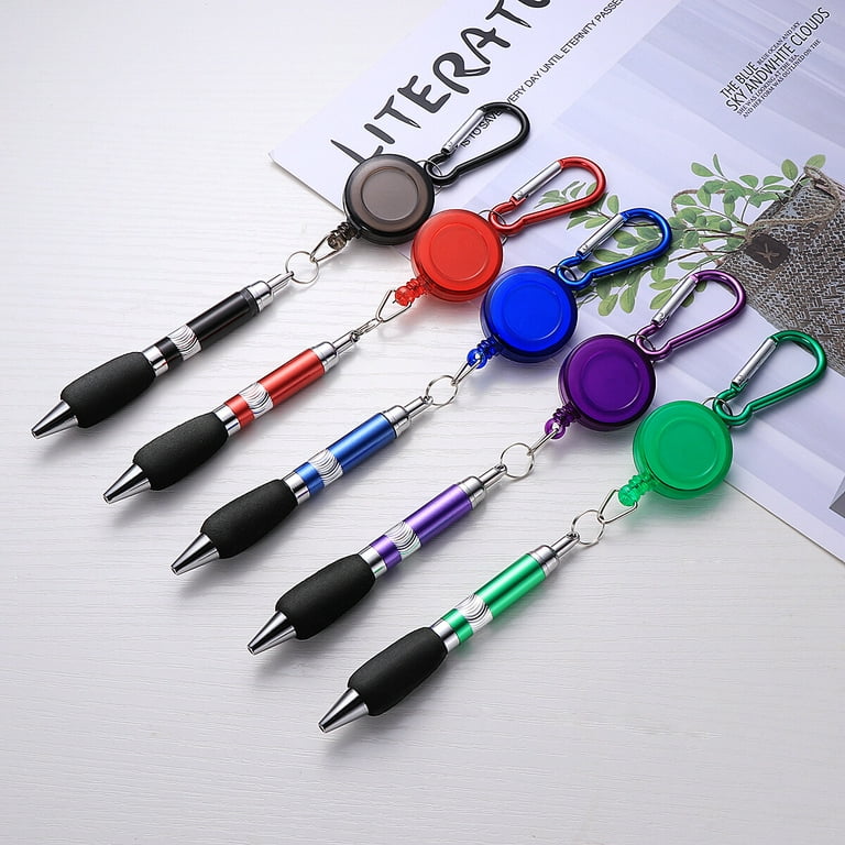 5PCS 3-in-1 Handy Retractable Badge Reel Pen with Belt Clip Keychain and  Carabiner (Random Color and Blue Refill) 