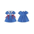 thumbnail image 2 of BemeyourBBs Toddler Baby Girl 4th of July Dress Outfit Little Baby Girl Patriot Independence Day Dress Summer Smocked Dress Puff Short Sleeve Doll Collar Star Stripes Print Bow Decor A Line Dress, 2 of 9