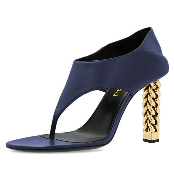 FSJ Women Chic V Cut Slip On Open Toe T-Strap Flip Flops Gold Chain High Heels Thong Sandals Casual Dressy Party Shoes Size 8 Navy