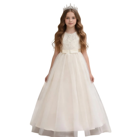 Lkhaha Elegant Lace Flower Girl Dress Sleeveless Wedding Party Maxi Tulle Ball Gown Beige 3-4 Years