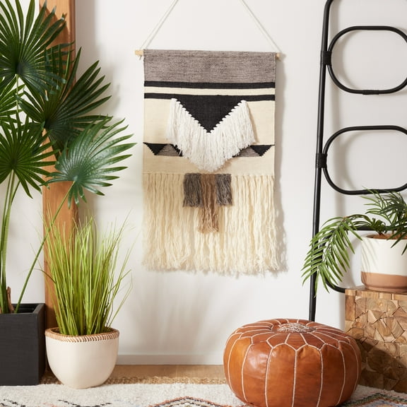 SAFAVIEH Sedona Abstract Fringe Wall Art, 4" x 20", Ivory/Black