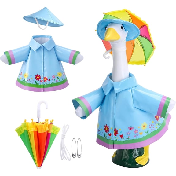 3-Piece Raincoat Costume Set for 23'' Porch Goose, Floral Blue Rain Outfit with Rainbow Umbrella Hat, Weatherproof Lawn Goose Clothing for Yard Patio Garden Decoration