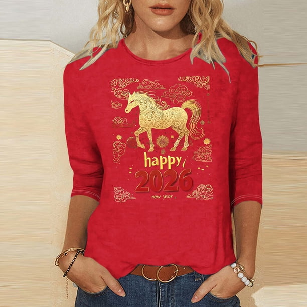 TaTaai Womens New Year Celebration 2026 Print Three Quarter Sleeve Top Round Neck Casual Blouse Holiday Festival Party Wear Gift