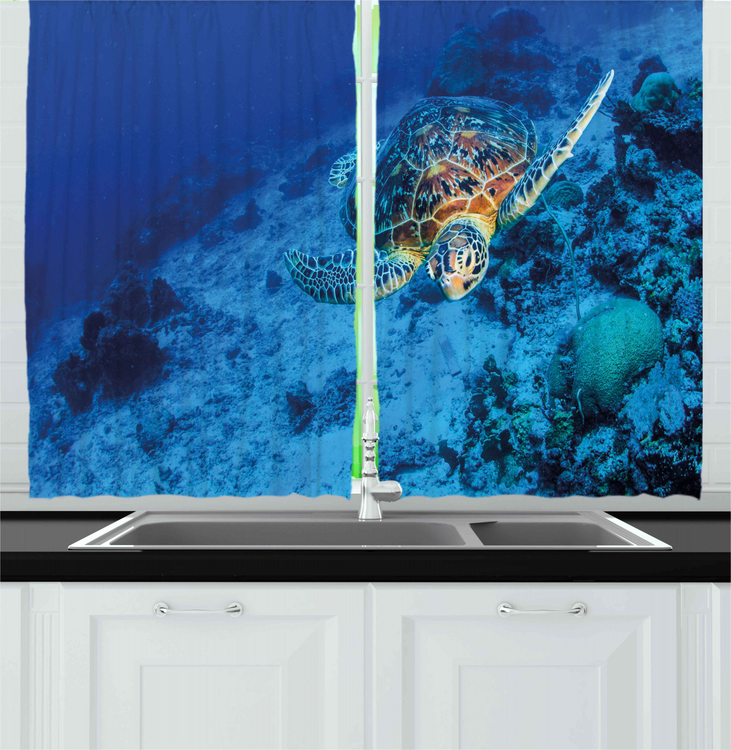 Turtle Curtains 2 Panels Set, Oceanic Wildlife Themed Photo of Sea