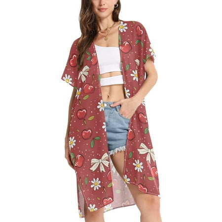 joogoo Women s Red Cherry with Daisy Flower Beach Cover Up Kimono Swimsuit Summer Cardigan Swimwear M