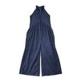thumbnail image 7 of Women's Cotton Halter Deep V‑Neck Wide‑Leg Jumpsuit Sleeveless Loose‑Fit Casual One‑Piece Pants with Side Pockets Navy XL(XL), 7 of 7