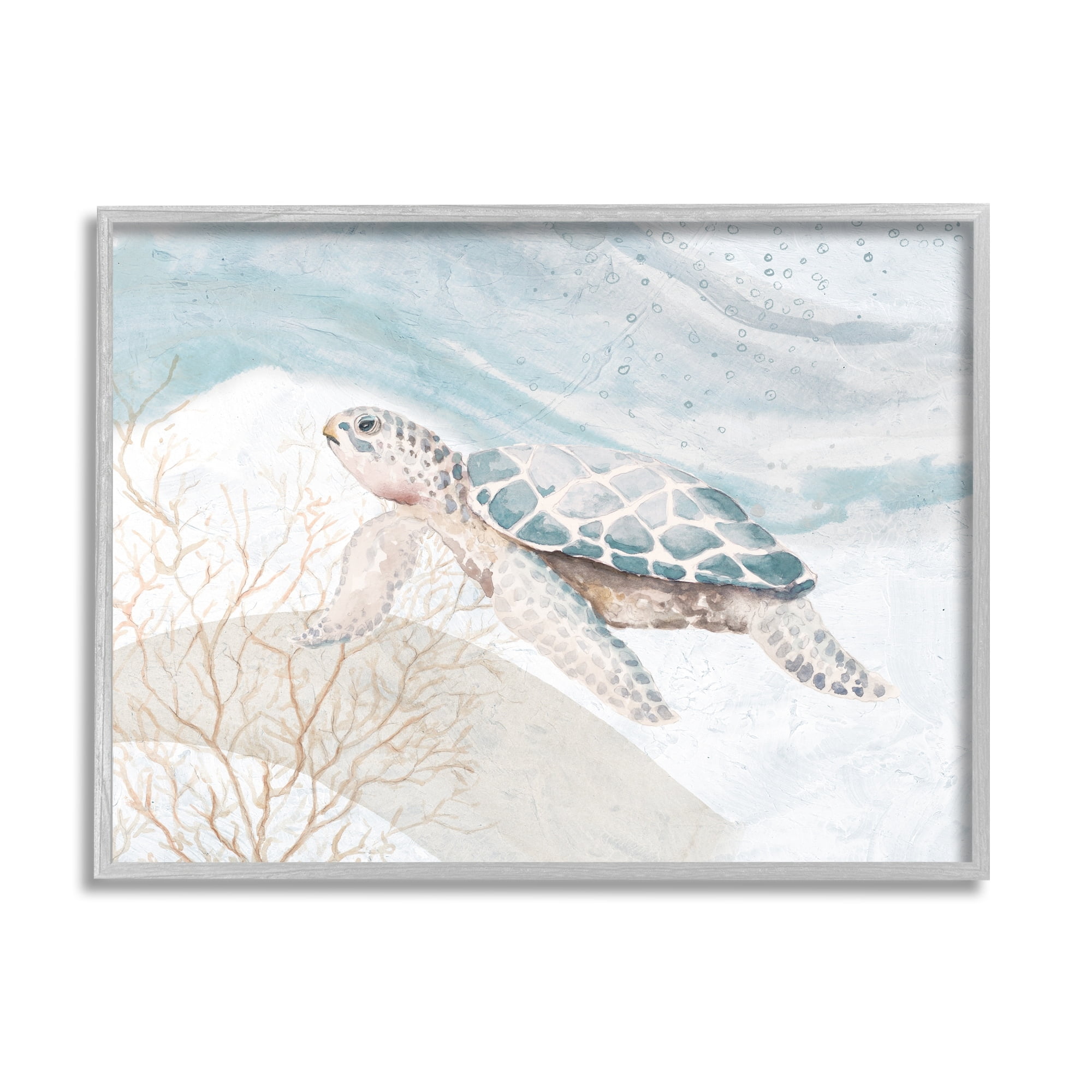Stupell Industries Pleasant Sea Turtle Drifting Ocean Bubble Waves Painting Gray Framed Art Print Wall Art, Design by Patricia Pinto