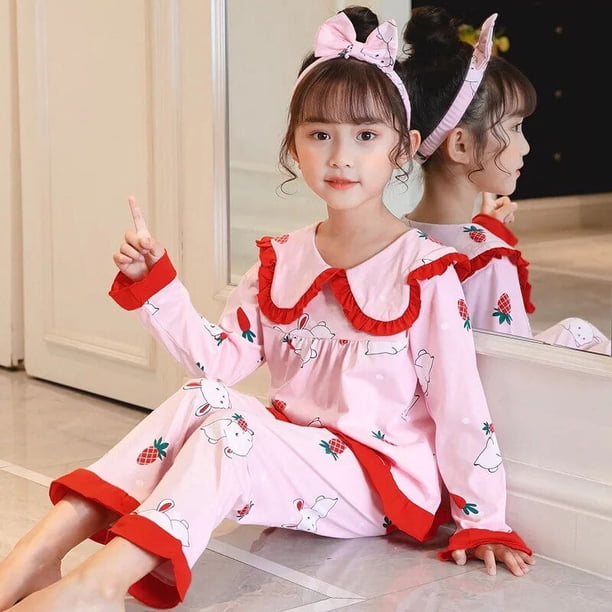 Conjuntos de pijamas informales para niñas, camisa de solapa de manga larga con estampado de dibujos animados, Tops con pantalones, ropa de dormir suelta para bebé, primavera y verano, novedad